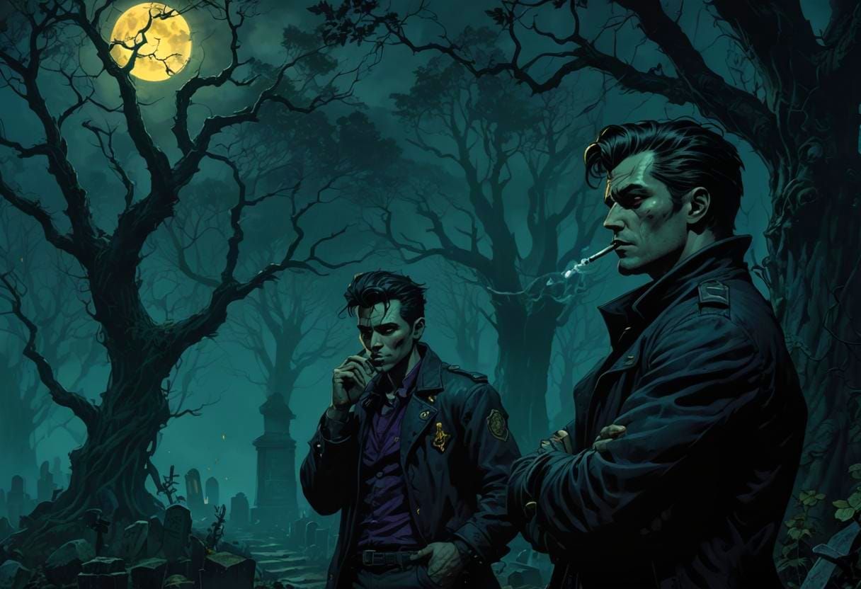 Greasers in Graveyard: Detailed Matte Painting
