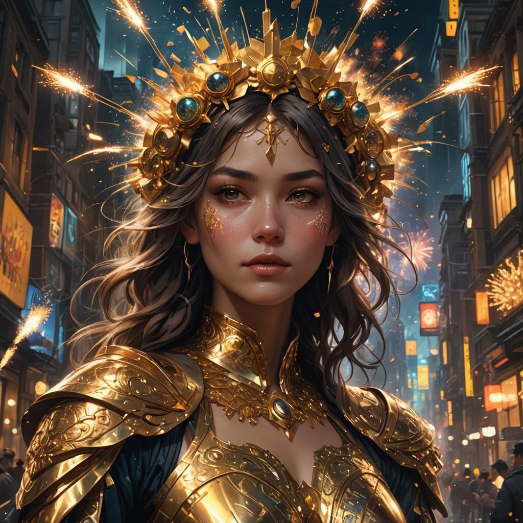 Golden Fireworks Over Dark City: Hyperdetailed Concept Art
