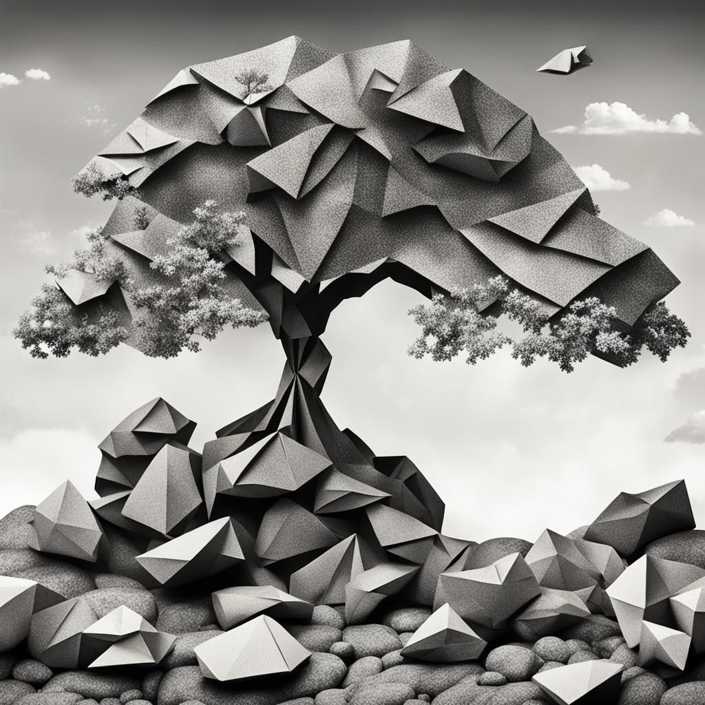 Vintage Graphic Tree Emerging from Rocks