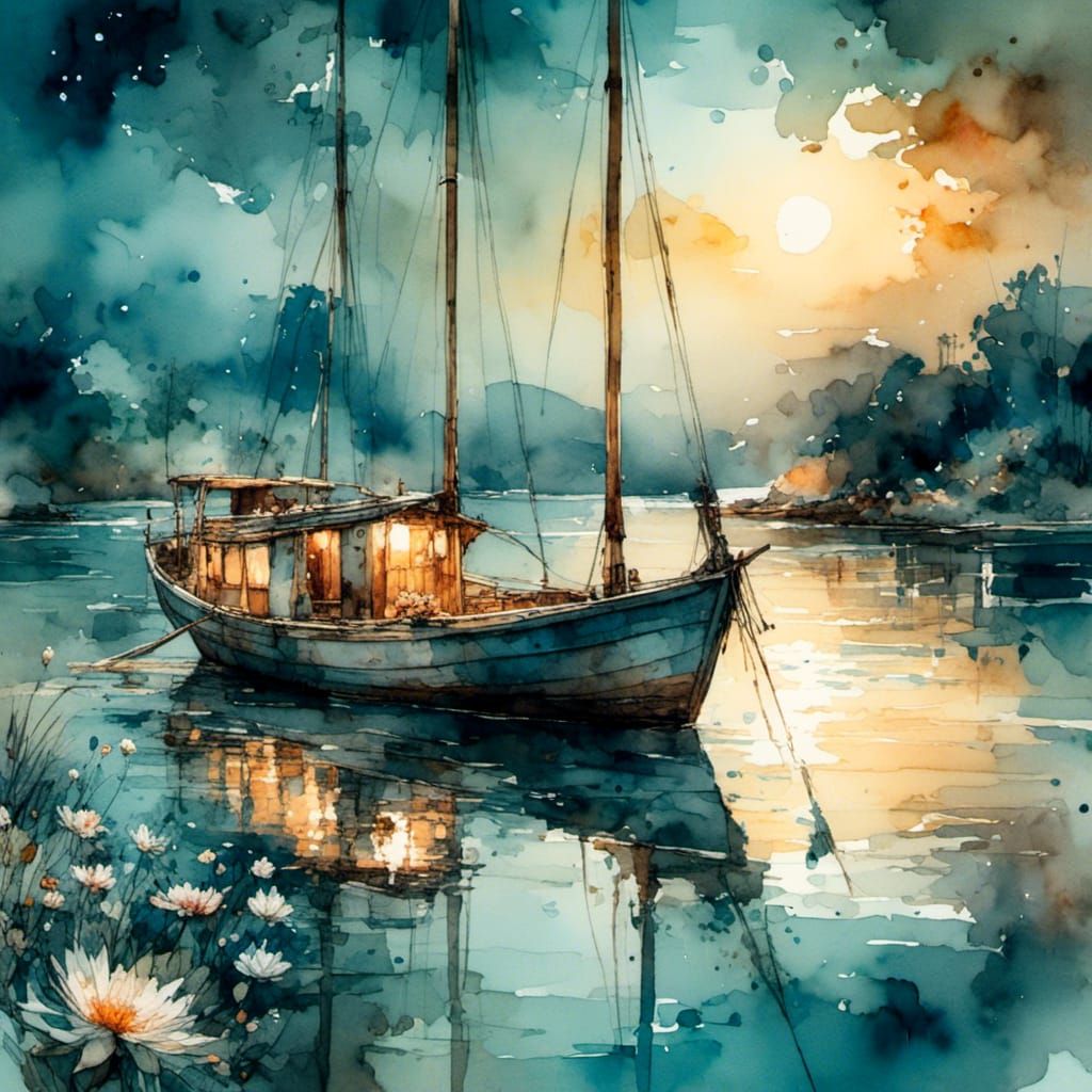 Moonlit Boat: Digital Watercolor Summerscape