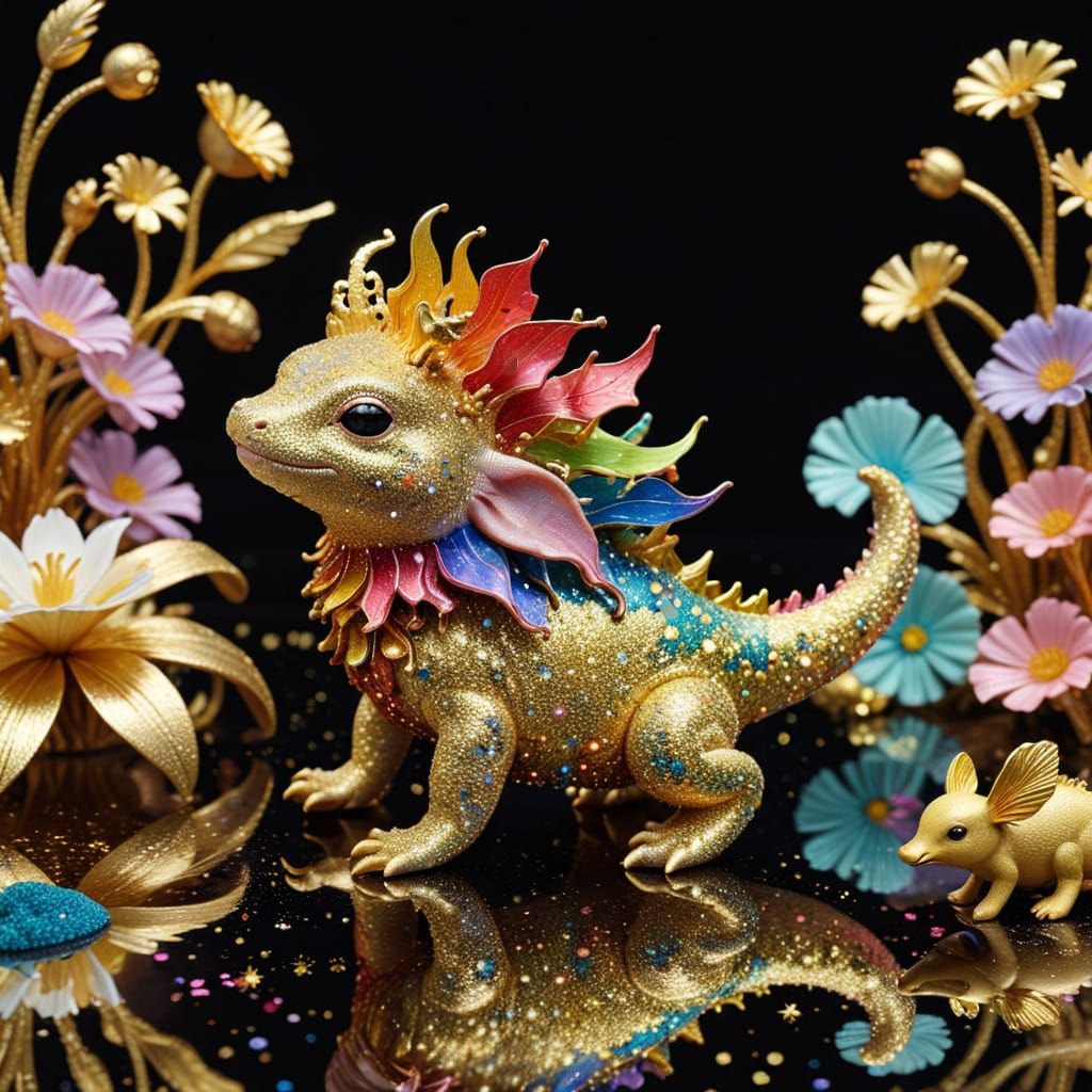 Rainbow Axolotl and Duckling in Art Nouveau Style