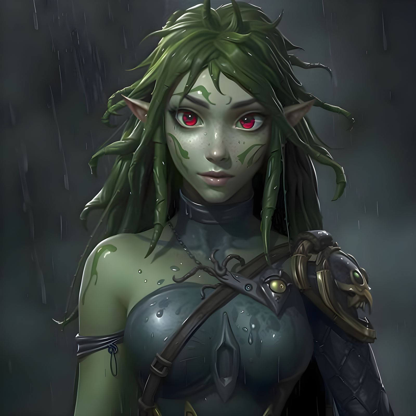 Mysterious, Rain-Soaked Plant Girl in a Moody Landscape
