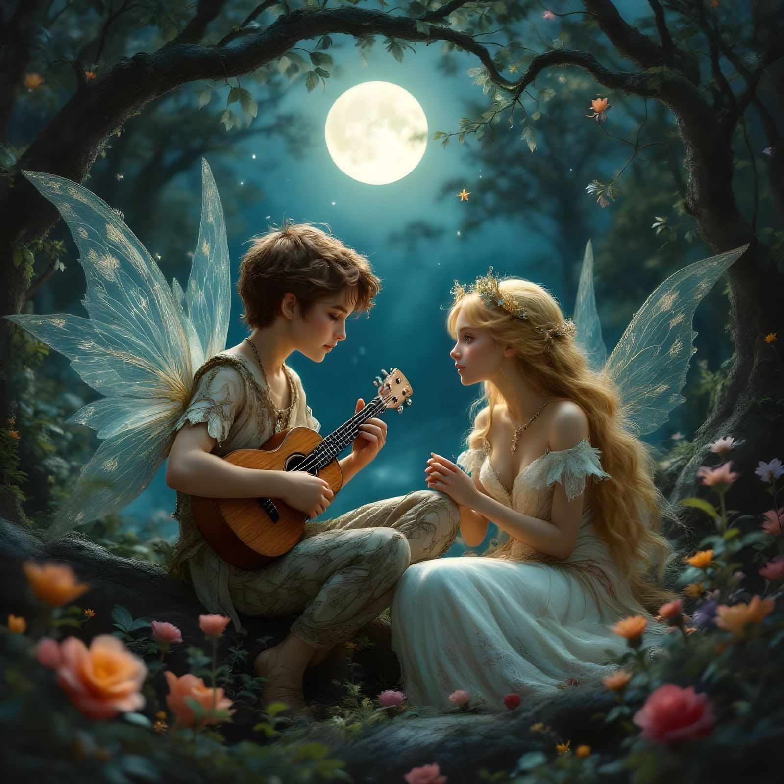 Fairies' Moonlit Serenade in Art Nouveau Style