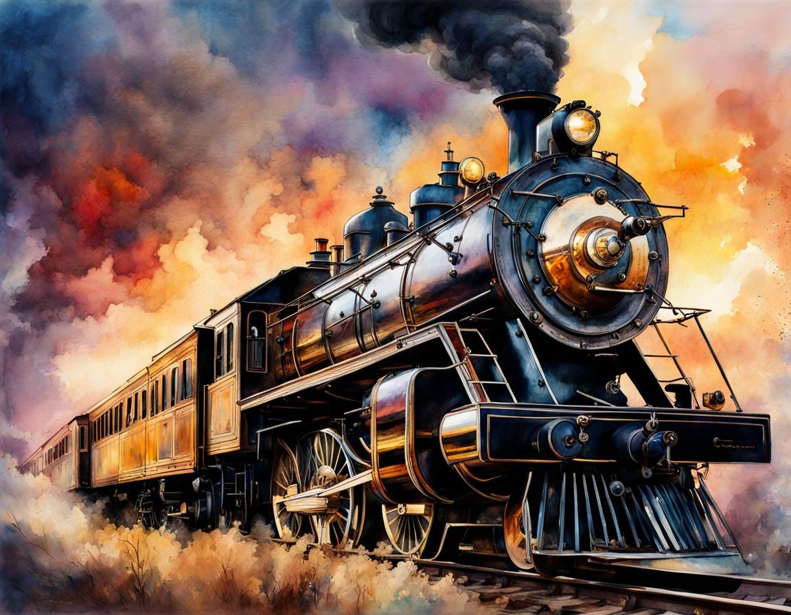 Antique Train Engine in Digital Watercolor Illustration