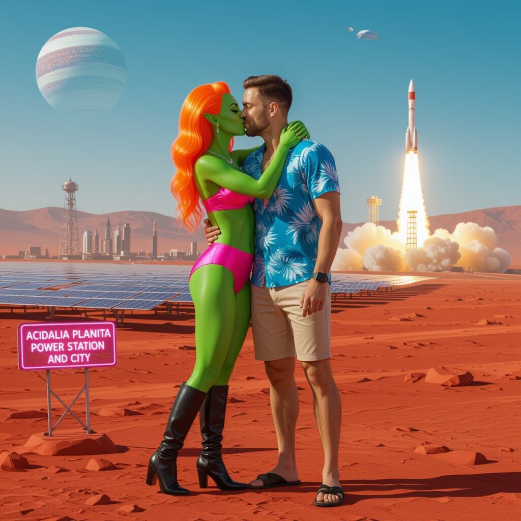 Attractive Green Alien Woman with Orange Hair on Mars