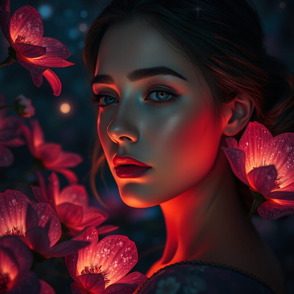 Starlight Woman in Midnight Garden, Mystical Realism