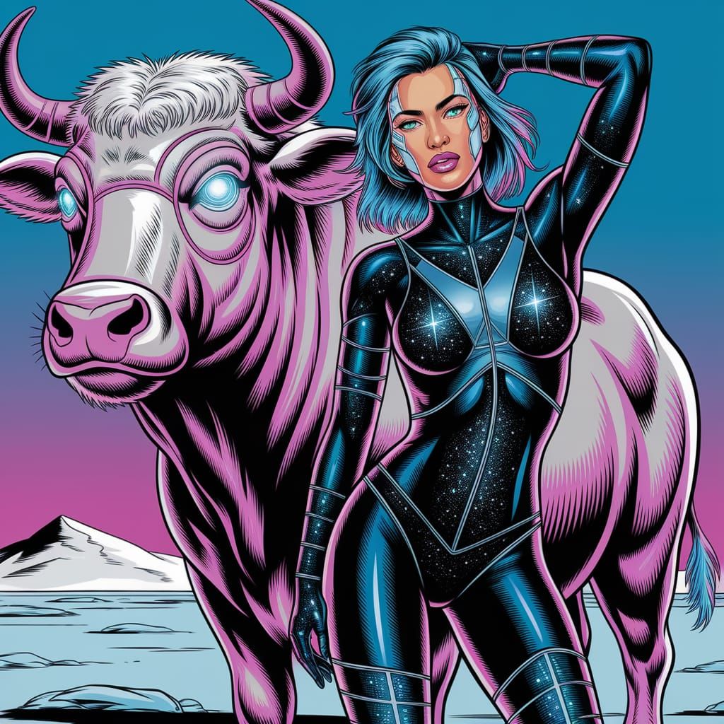 Cybernetic Woman with Ox in Arctic Tundra