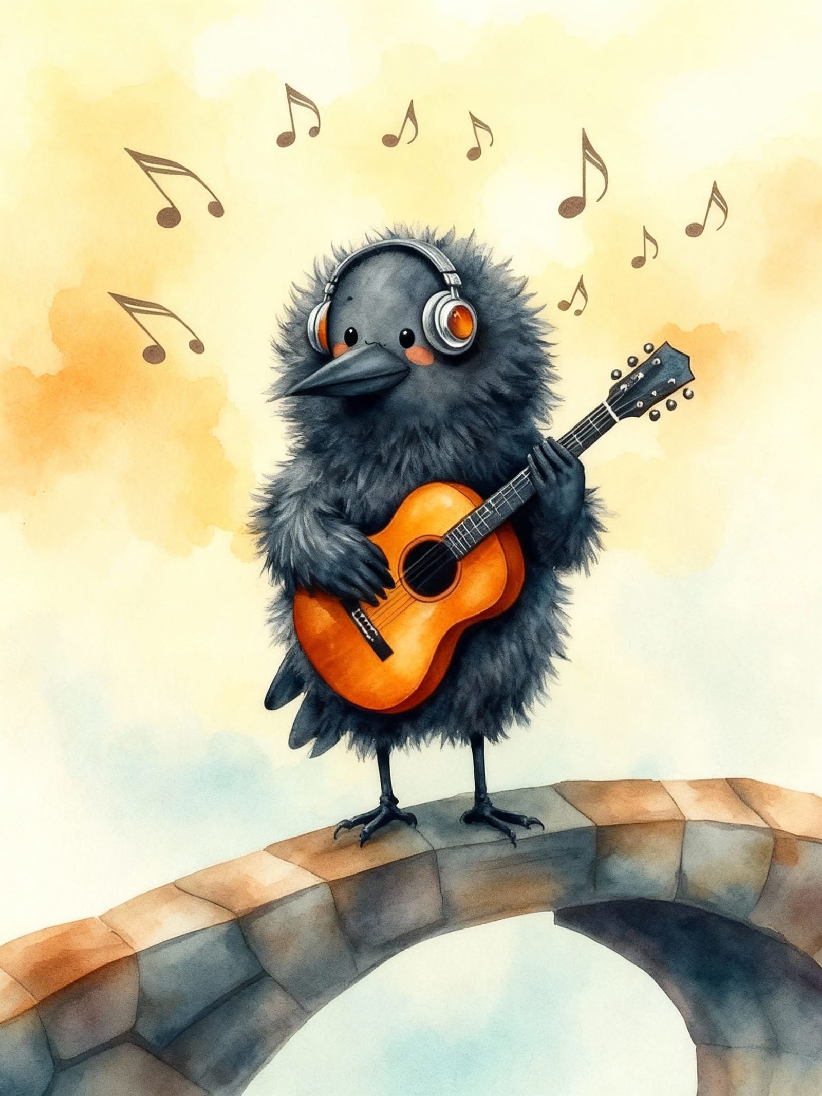 Fluffy Raven Sings and Plays Guitar on Bridge in Watercolour...
