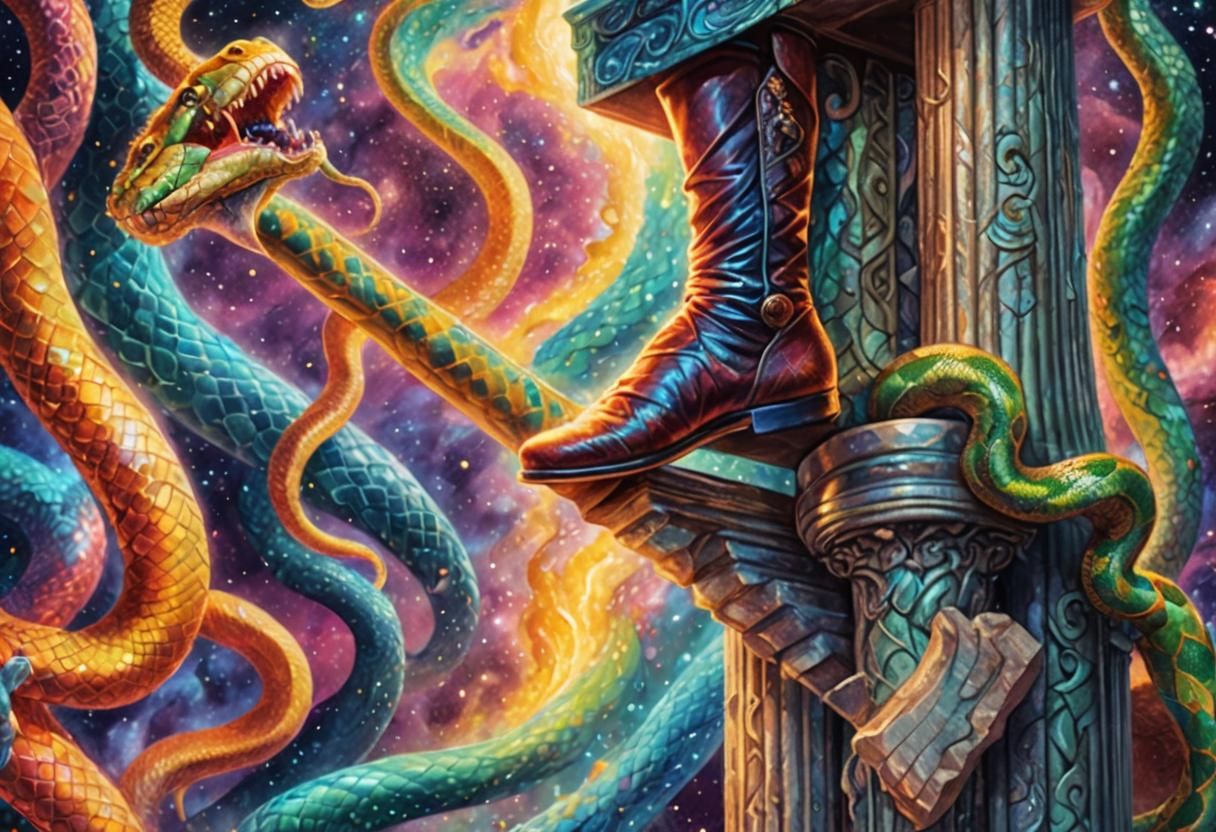 Cosmic Column Strike: Astral Illustration in Mixed Media