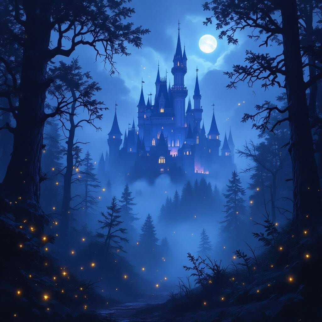 Mystical Forest and Castle at Night