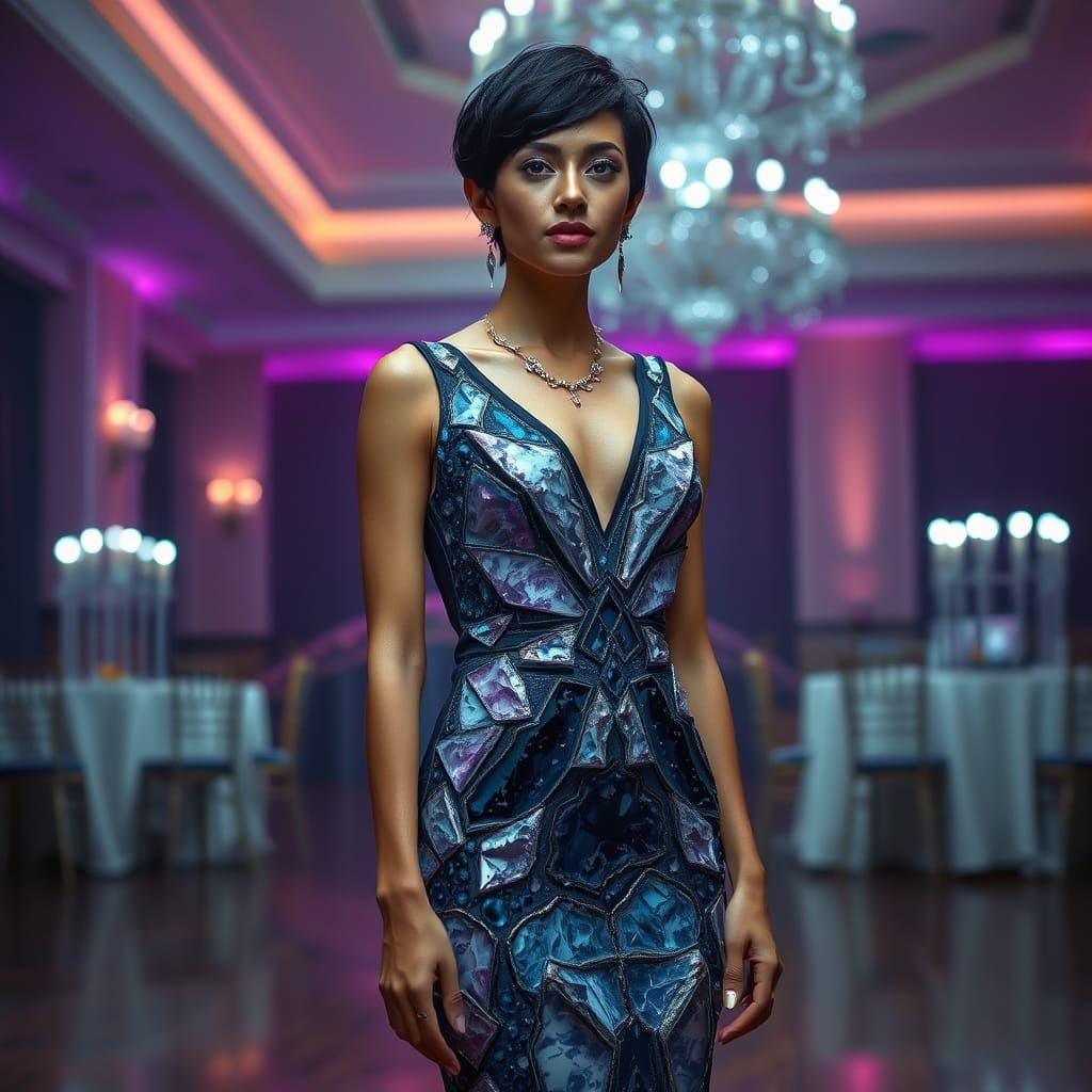 Woman in Crystal Geode Dress, Hyperrealistic Art Deco