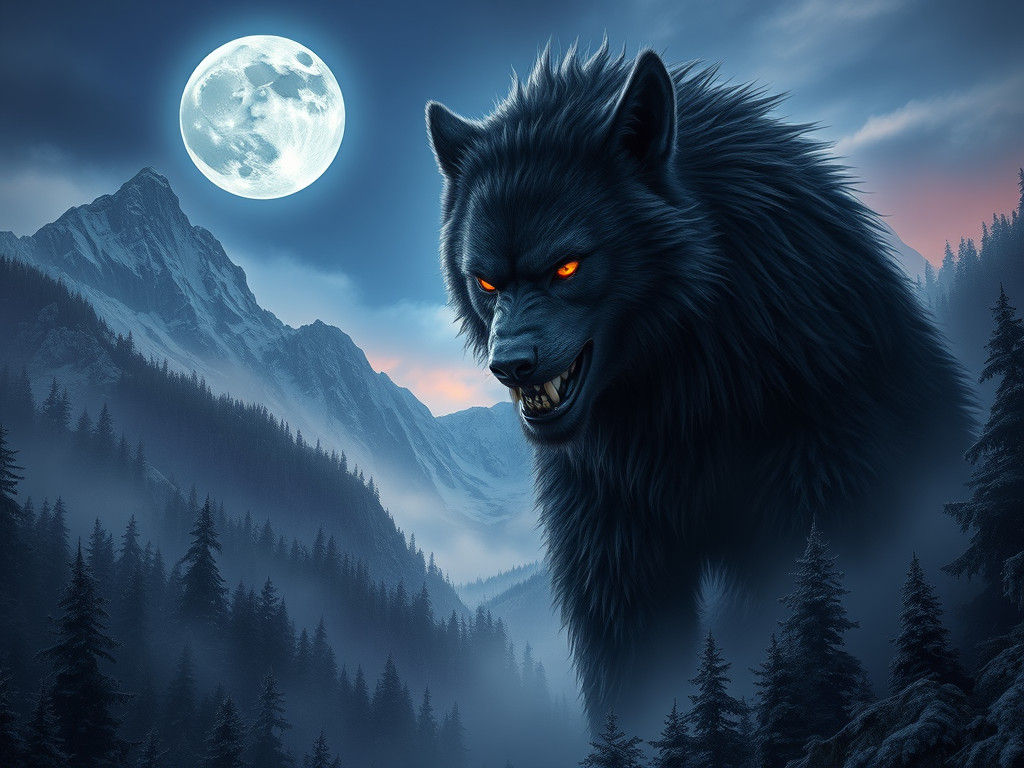 Majestic Werewolf in Misty Forest: Hyperrealistic Horror