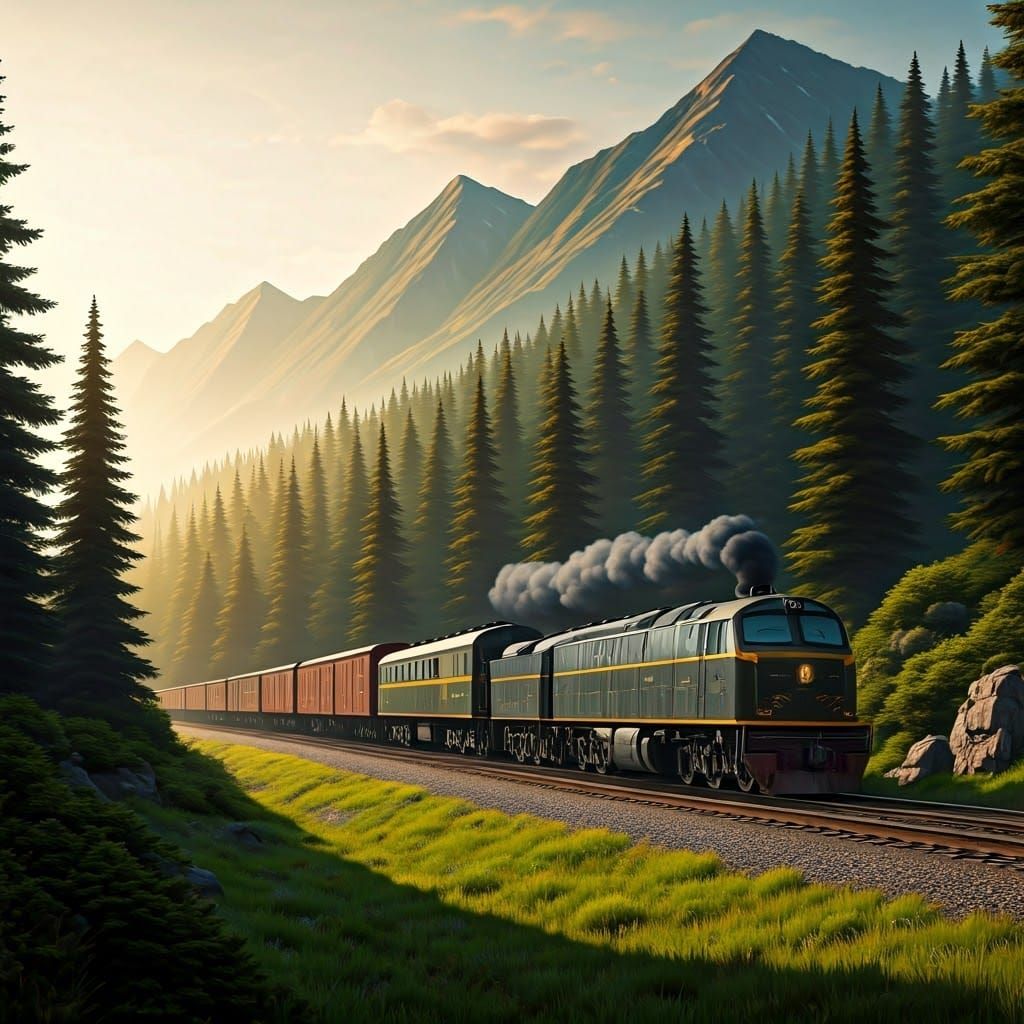 Mountain Railroad Landscape in Golden Light