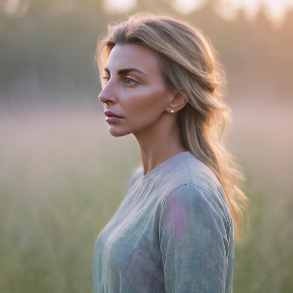 Ethereal Woman in Twilight Meadow: Impressionistic Portrait