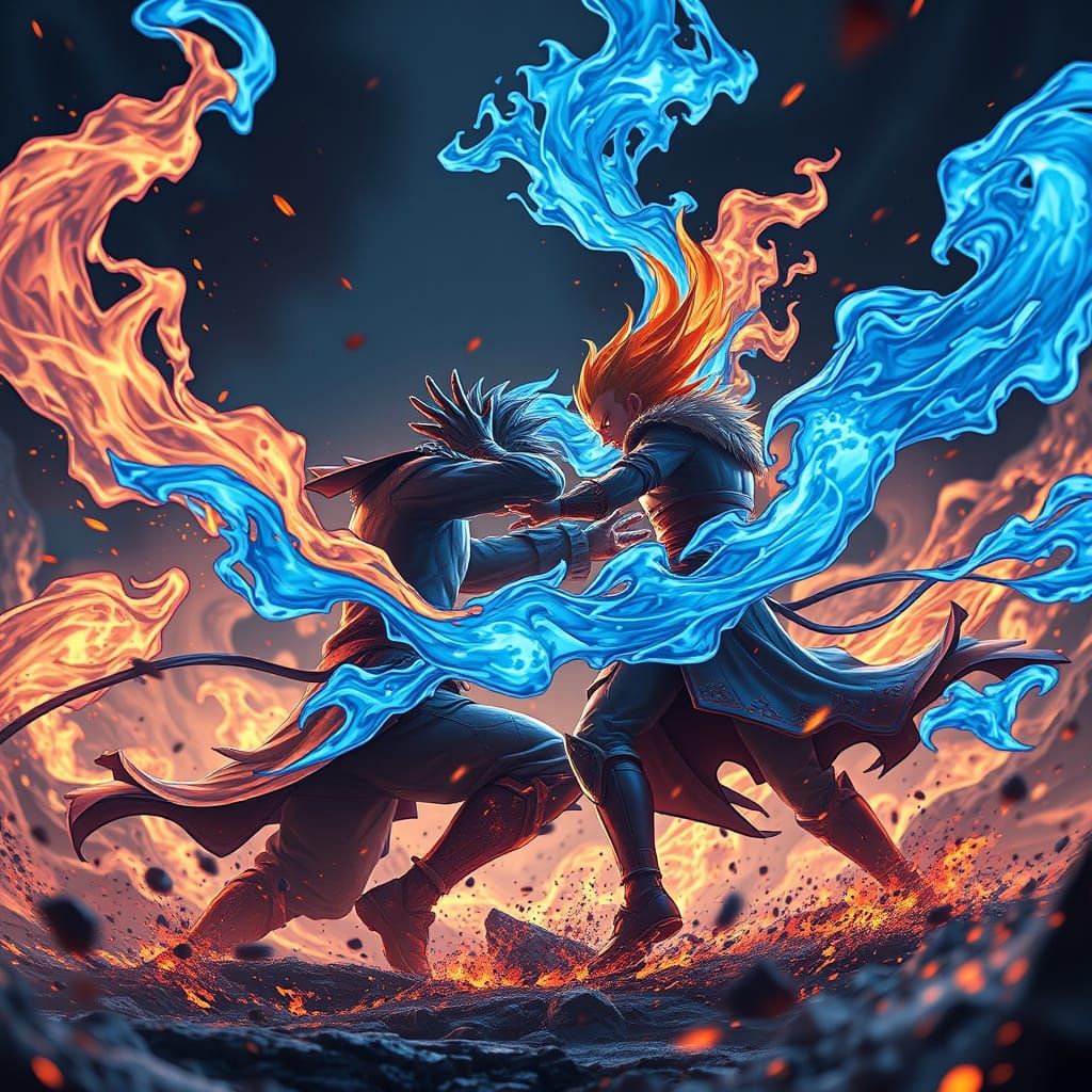Epic Anime Battle Scene with Vibrant Flames and Detailed Cha...