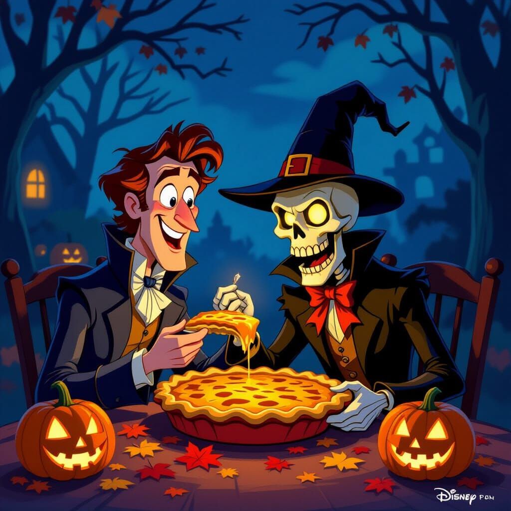 Ichabod Crane and Headless Horseman Share Pie in Disney Styl...