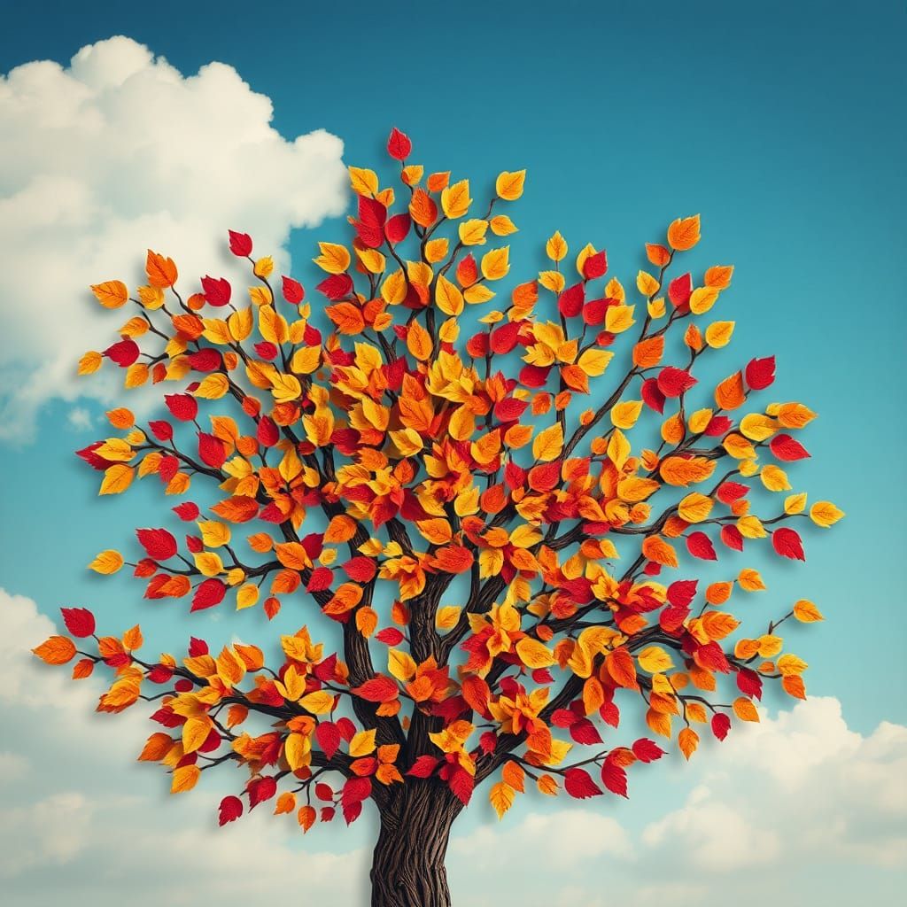 Whimsical Fall Tree Paper Collage in Fantasy Style