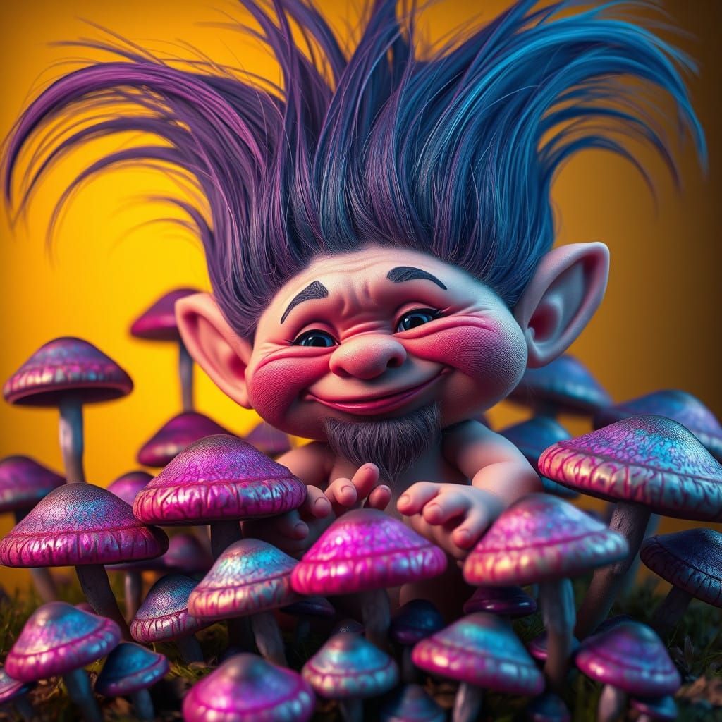Vibrant Troll Doll in a Dreamlike Landscape of Iridescent Mu...