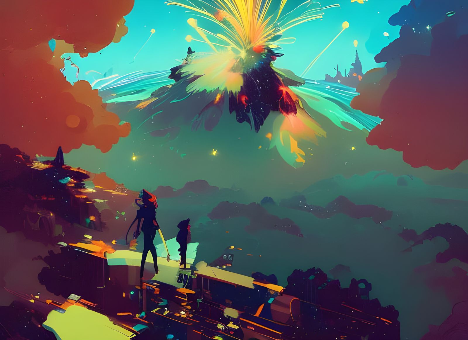 Volcanic Cosmic Fireworks in Composite Art Style