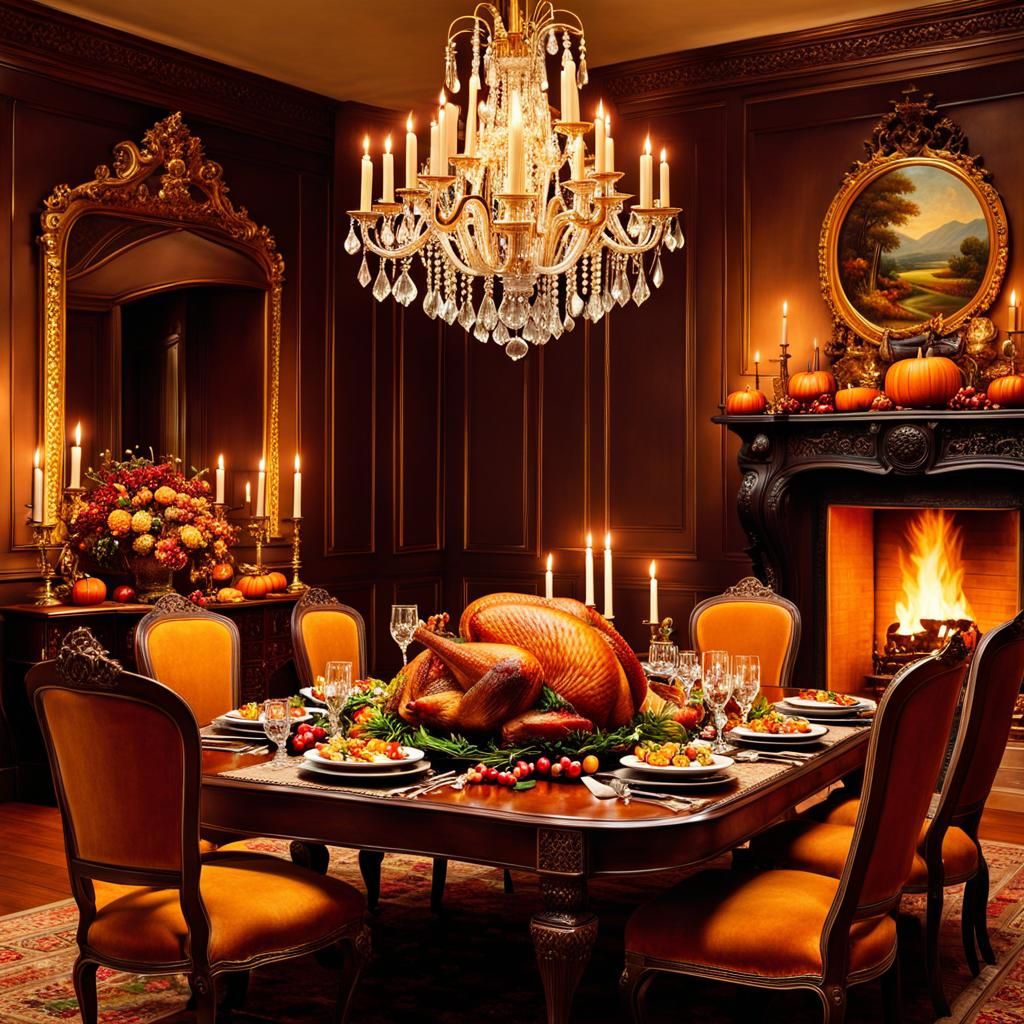 Thanksgiving Feast with Turkey Diner in Fine Art Style
