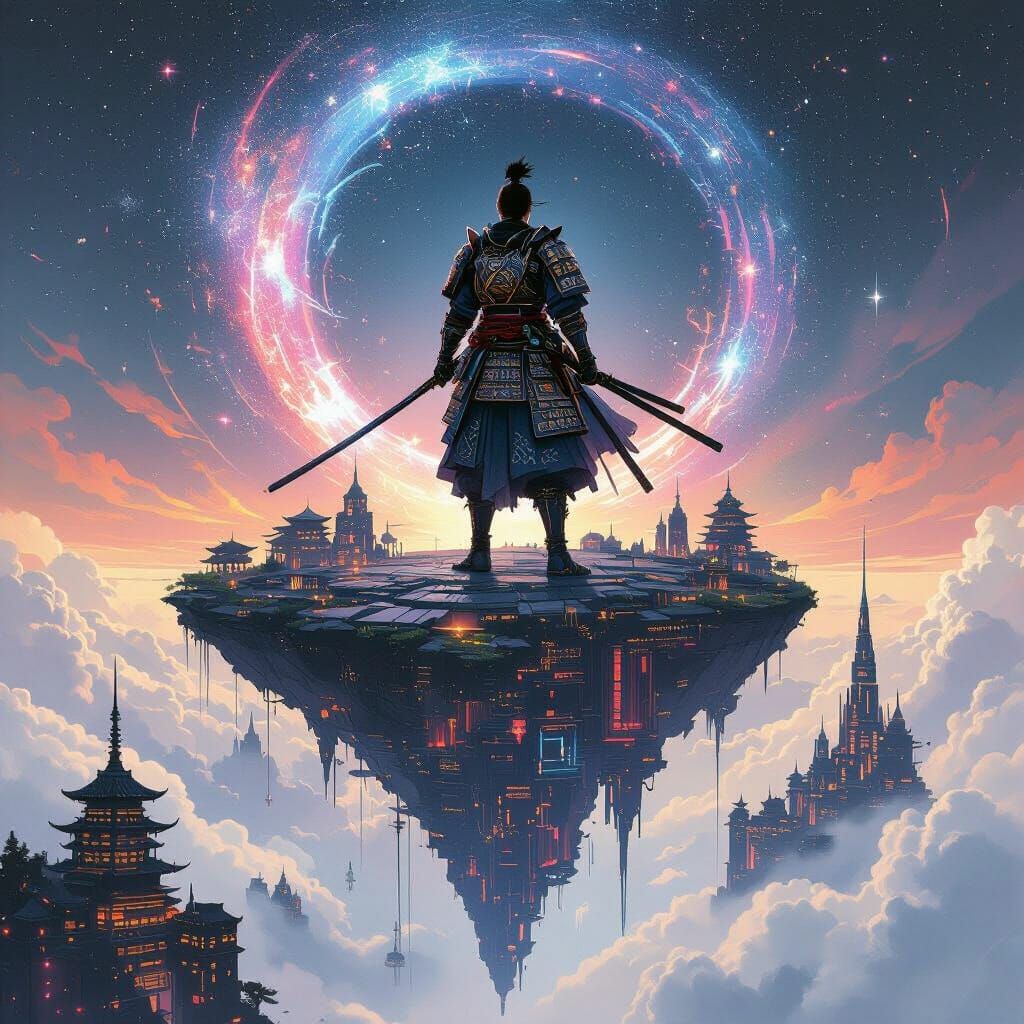 Cyberpunk Samurai on Floating Island