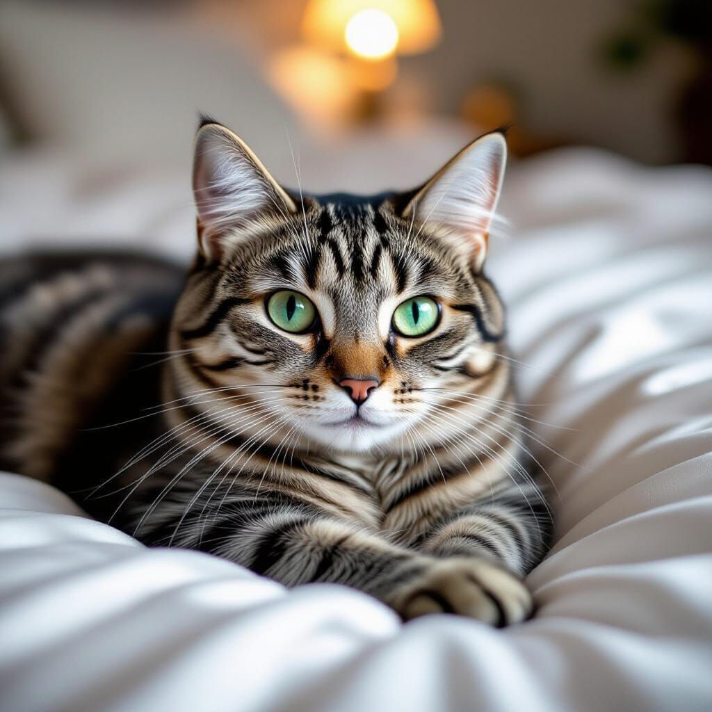 Silver Tabby Cat with Green Eyes on Satin, Dreamy Art