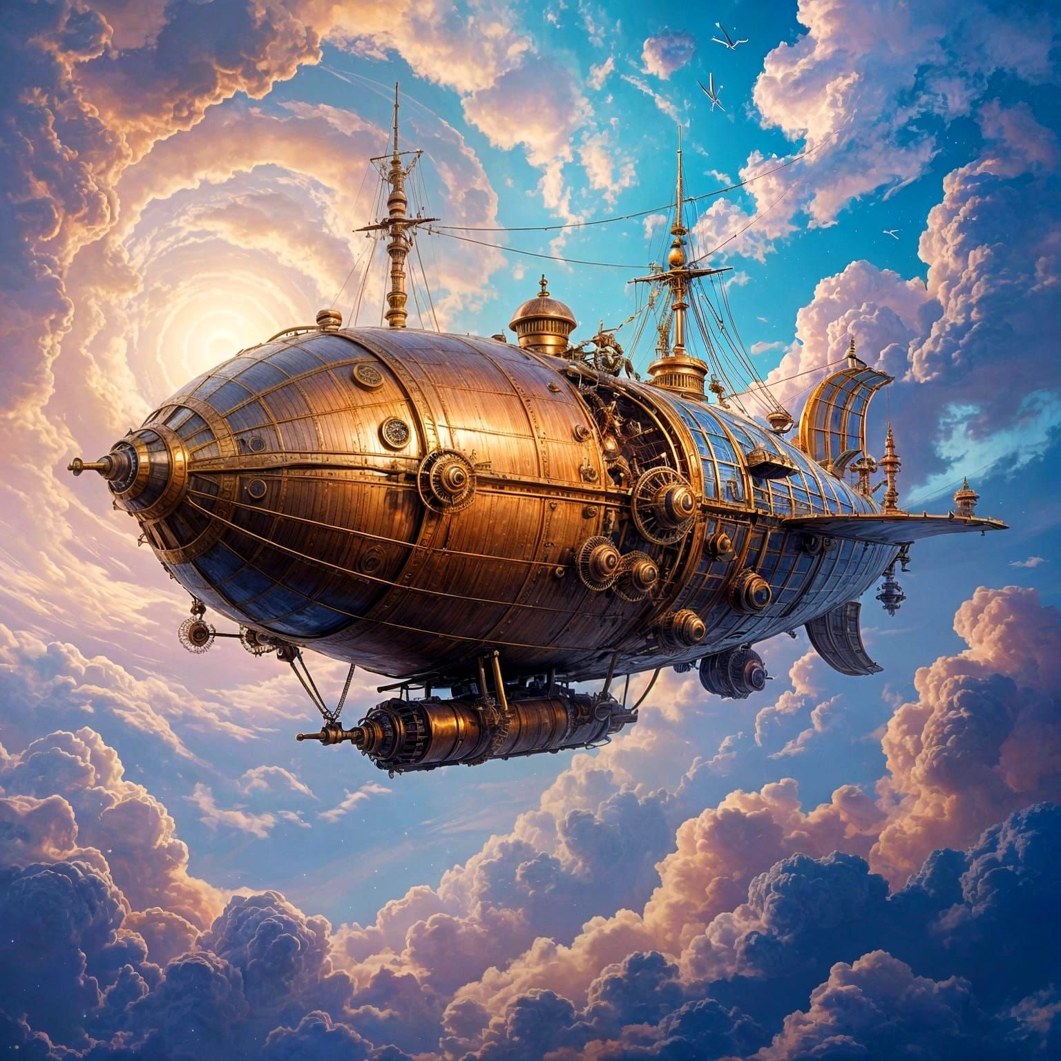 Steampunk Airship Soaring Through Pastel Nebula
