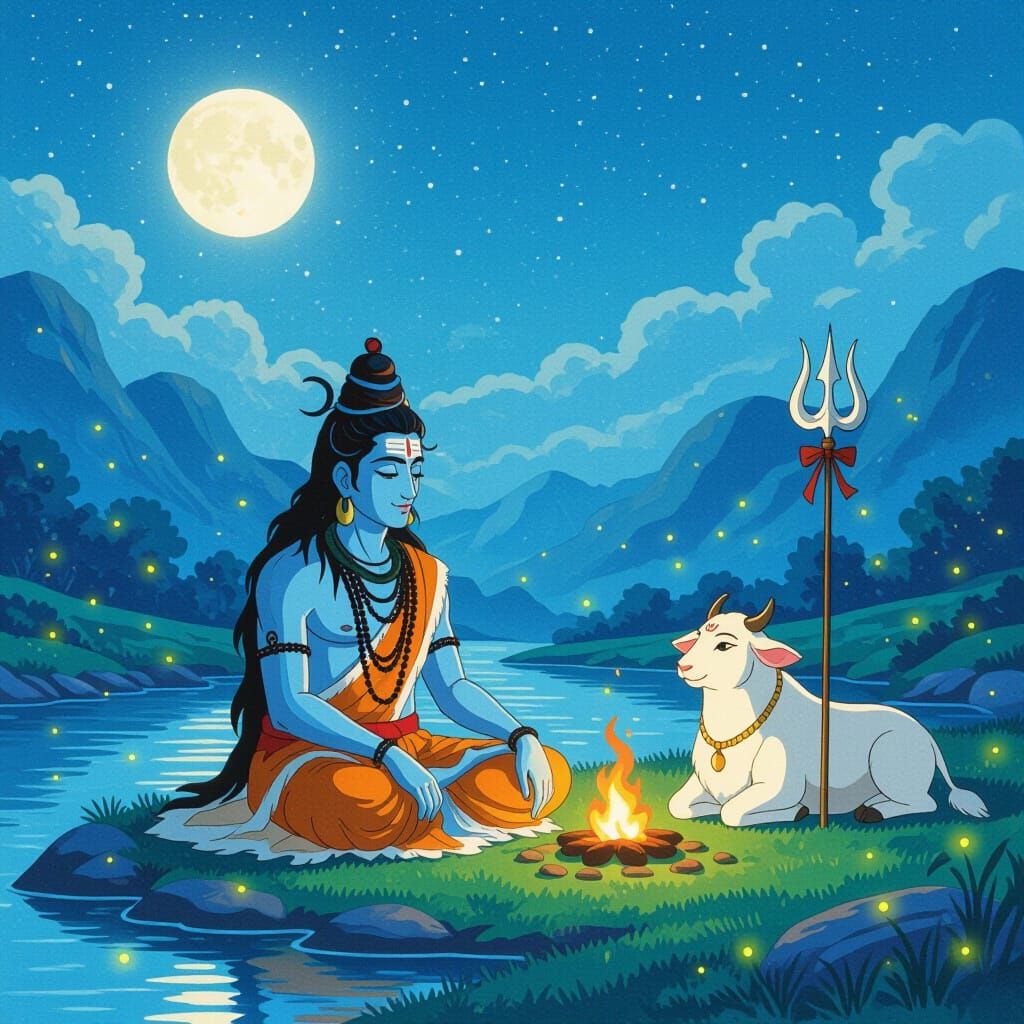 Lord Shiva by Moonlit River in Ghibli Style