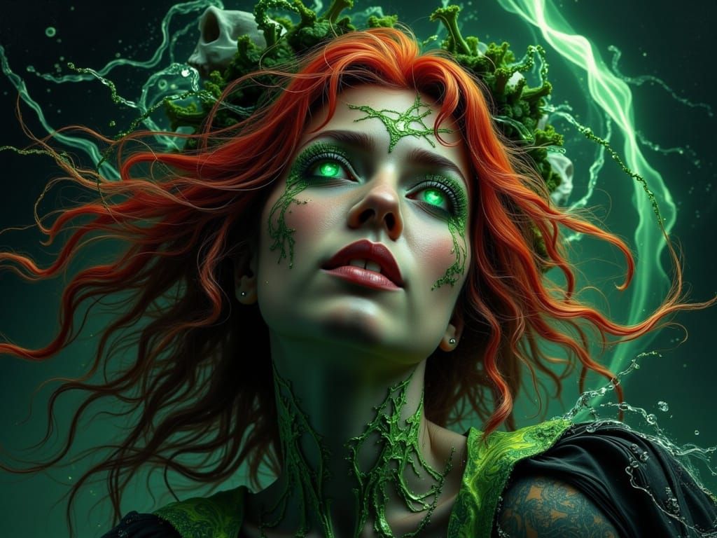 Red-Haired Woman with Glowing Eyes in Dark Fantasy Style