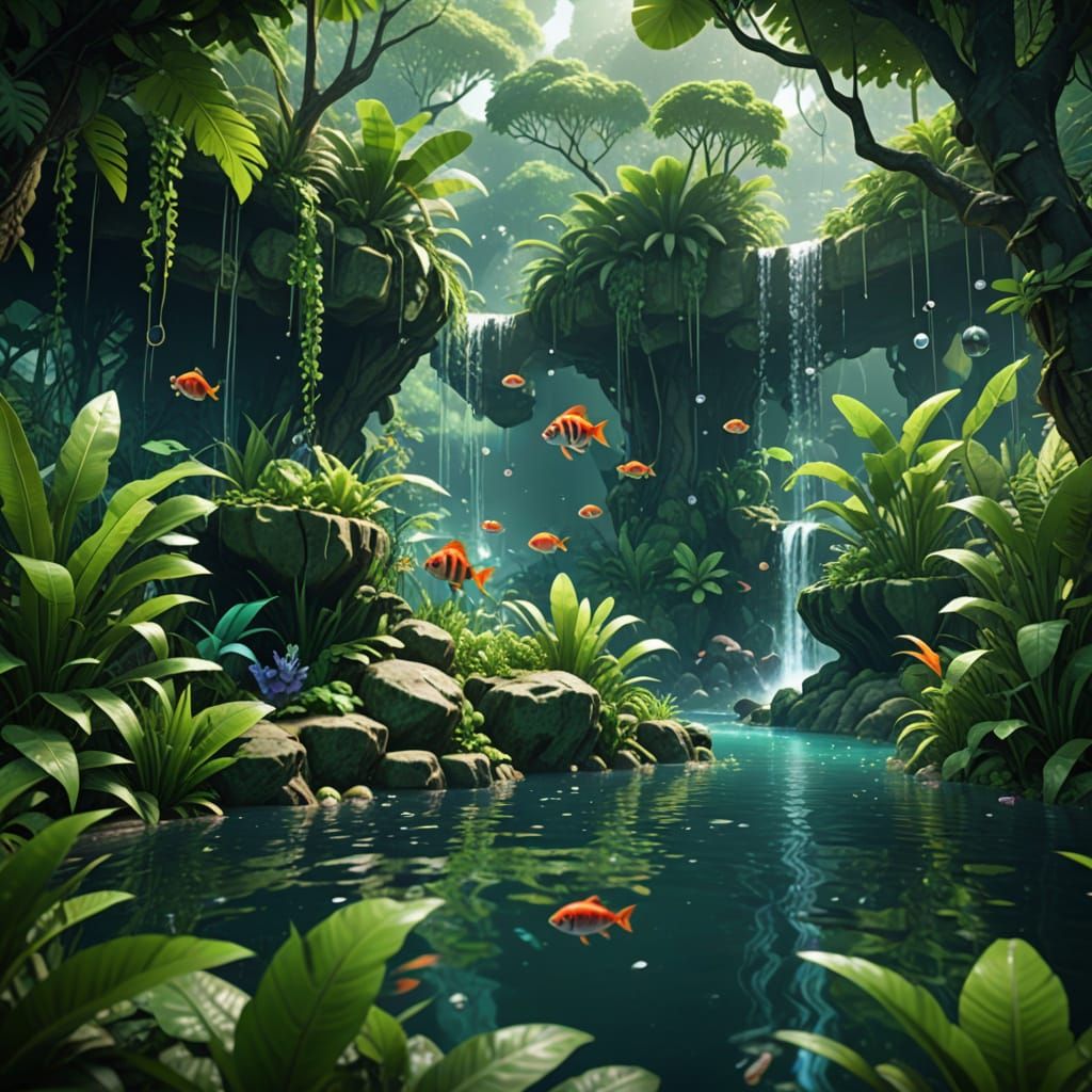 Vibrant Jungle Aquarium Scene in Hyper-Realistic 3D Anime St...