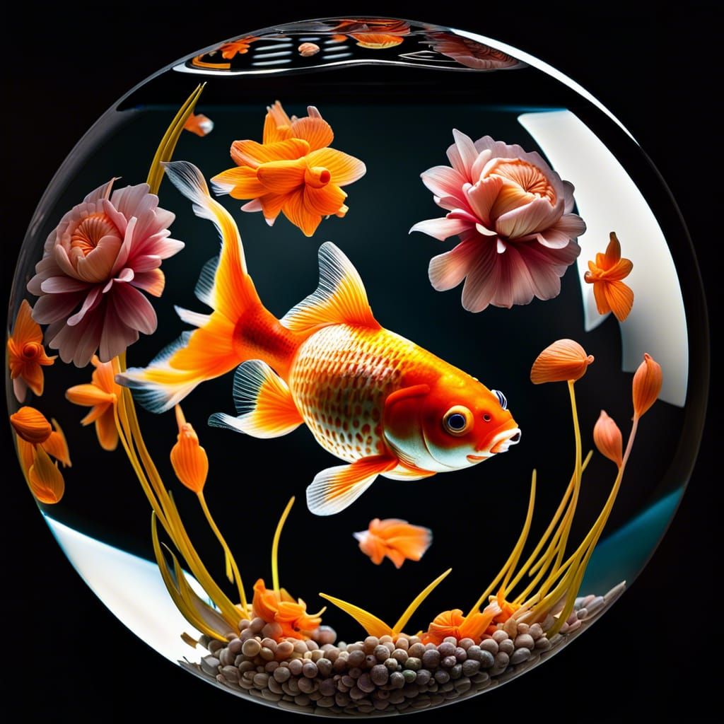 Goldfish and Flower Petals in Glass Orb