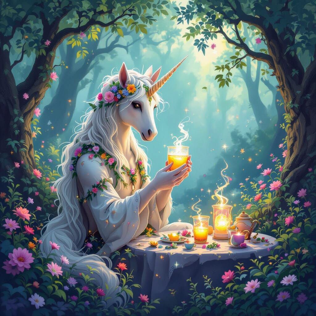 Gentle Centaur Serving Enchanted Drinks in Dreamlike Forest