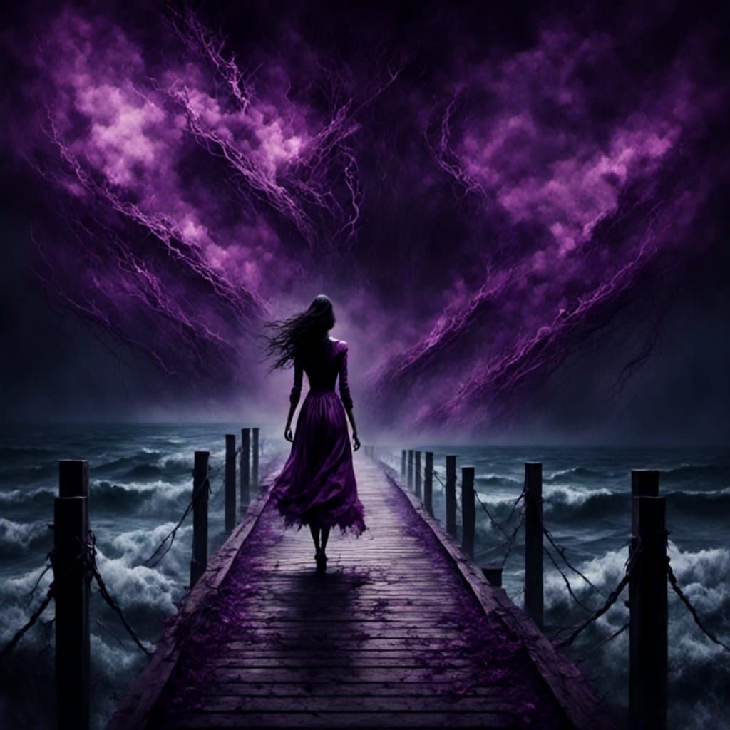 Moody Pier Scene with Stormy Sea and Eerie Mist