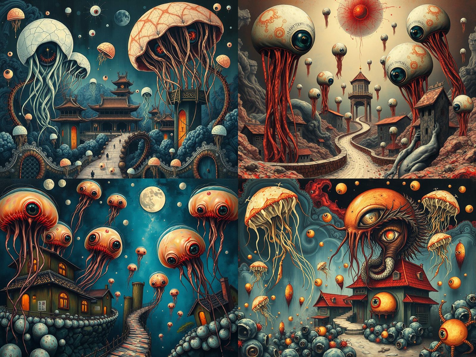 Surreal Horror Village with Mutant Eyeballs and Jellyfish