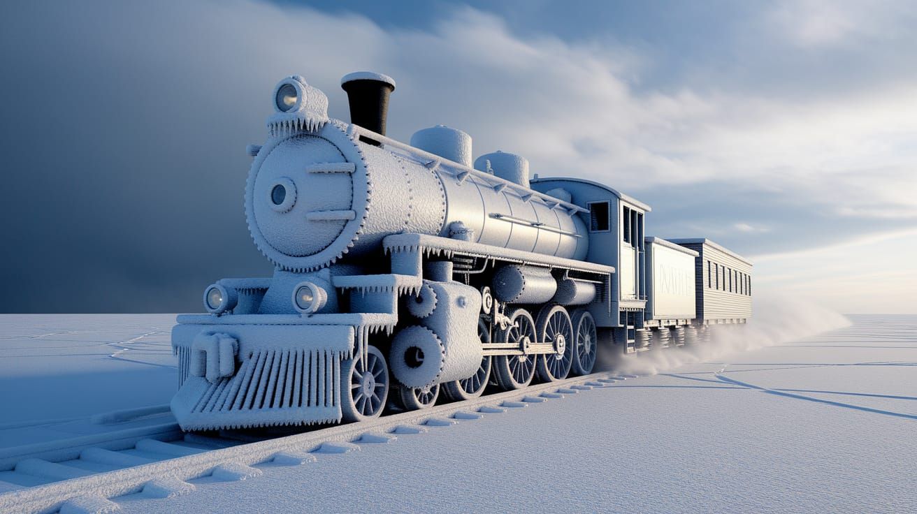 Frost-Covered Steam Train on Ice Railway