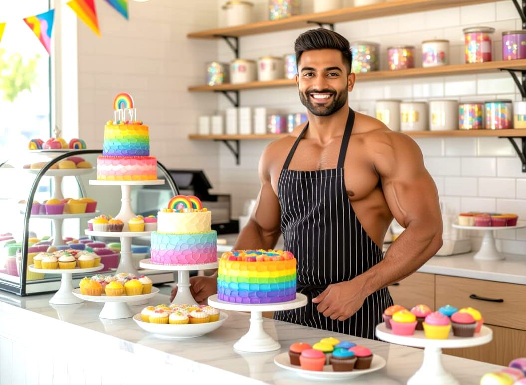 Pride Bakery with Rainbow Treats and Cheerful Cashier