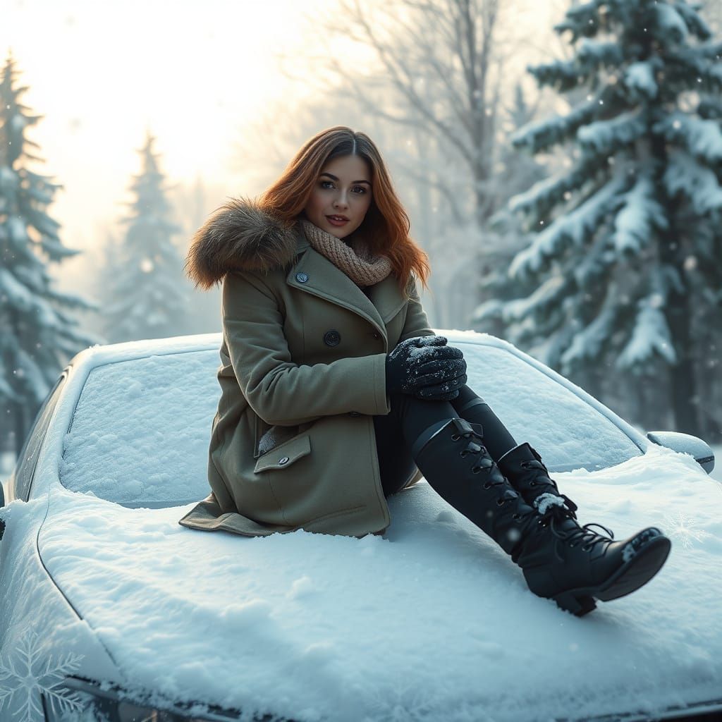 Woman on Snow-Covered Car in Winter Scene
