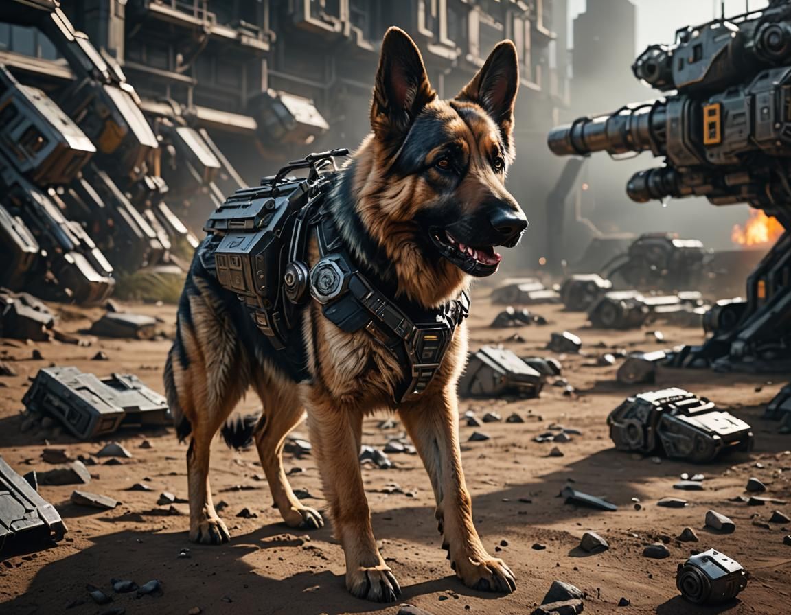 Cyborg German Shepherd in Sci-Fi Military Setting