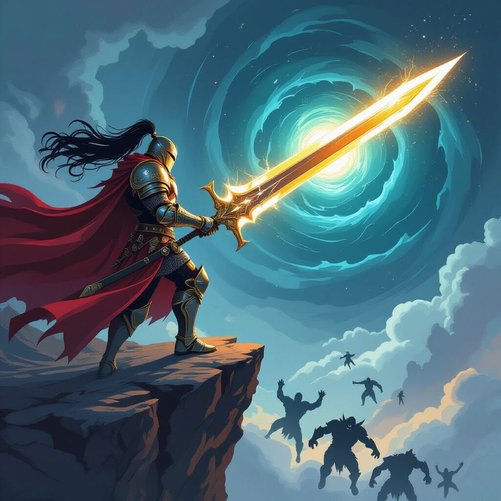 Knight with Glowing Sword on Precipice Overlooking Cosmic Vo...