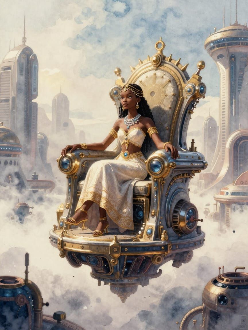 Futuristic West African Princess on Hovering Throne in Steam...