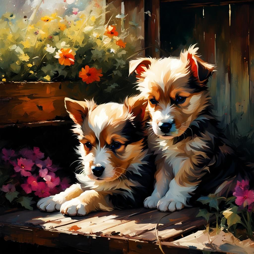 Puppies Sleeping in Garden Shed Portrait