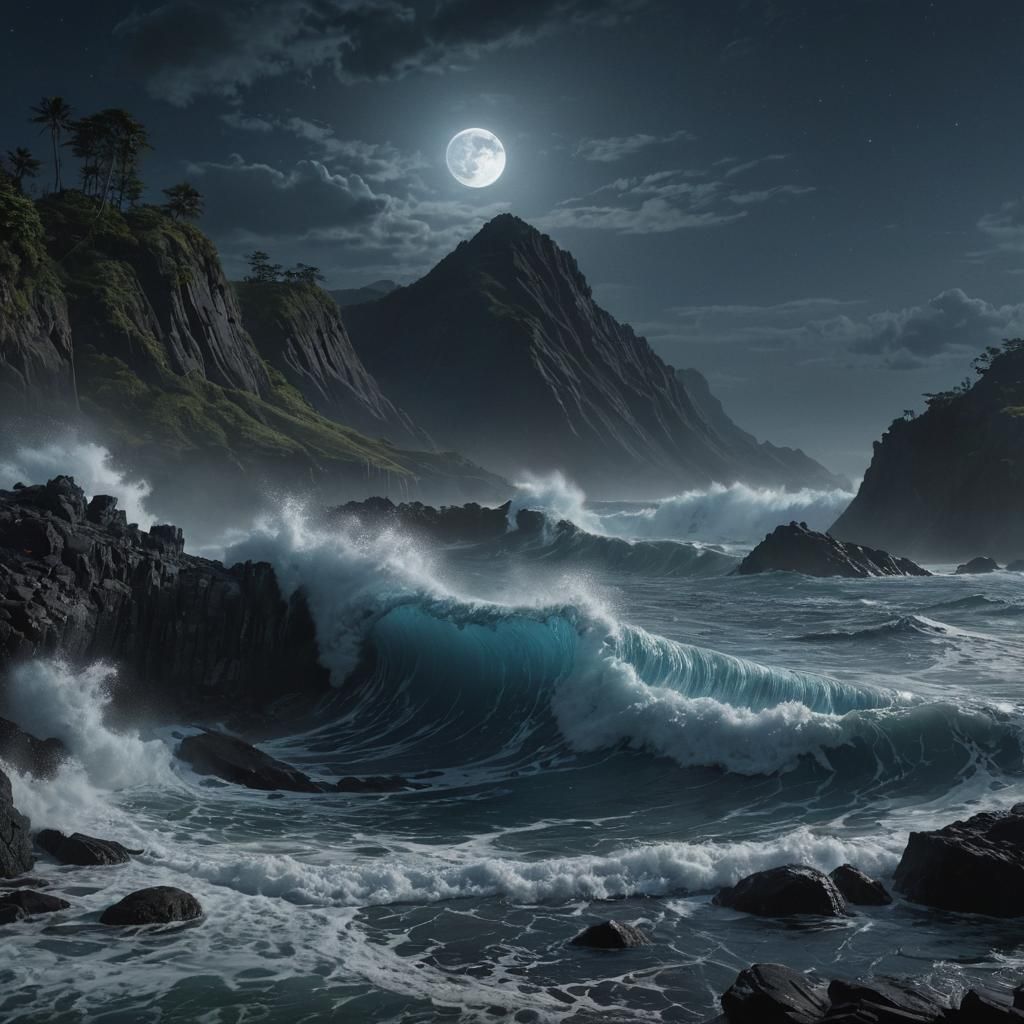 Epic Tsunami Wave Under Black Moon, Matte Painting