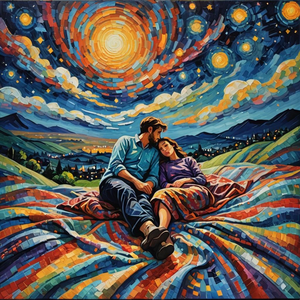 Couple Stargazing in Neo-Impressionist Oil Painting