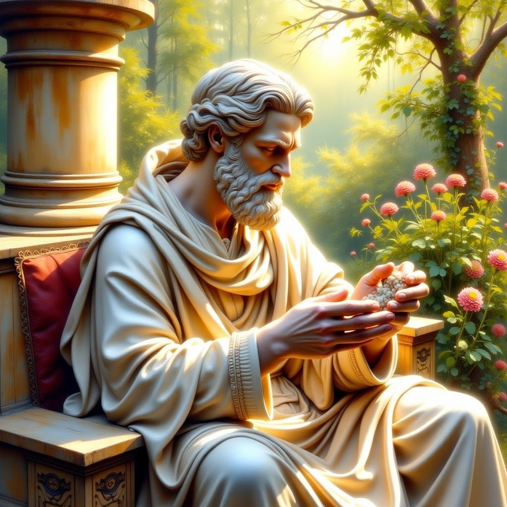 Philosopher Statue in Ornate Robes: Oil Painting