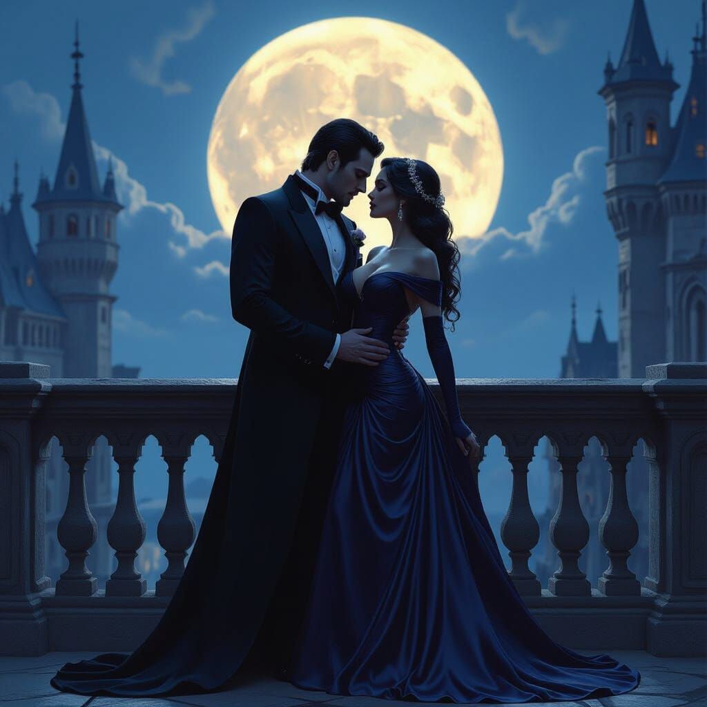 Vampire Seduces Woman on Castle Balcony