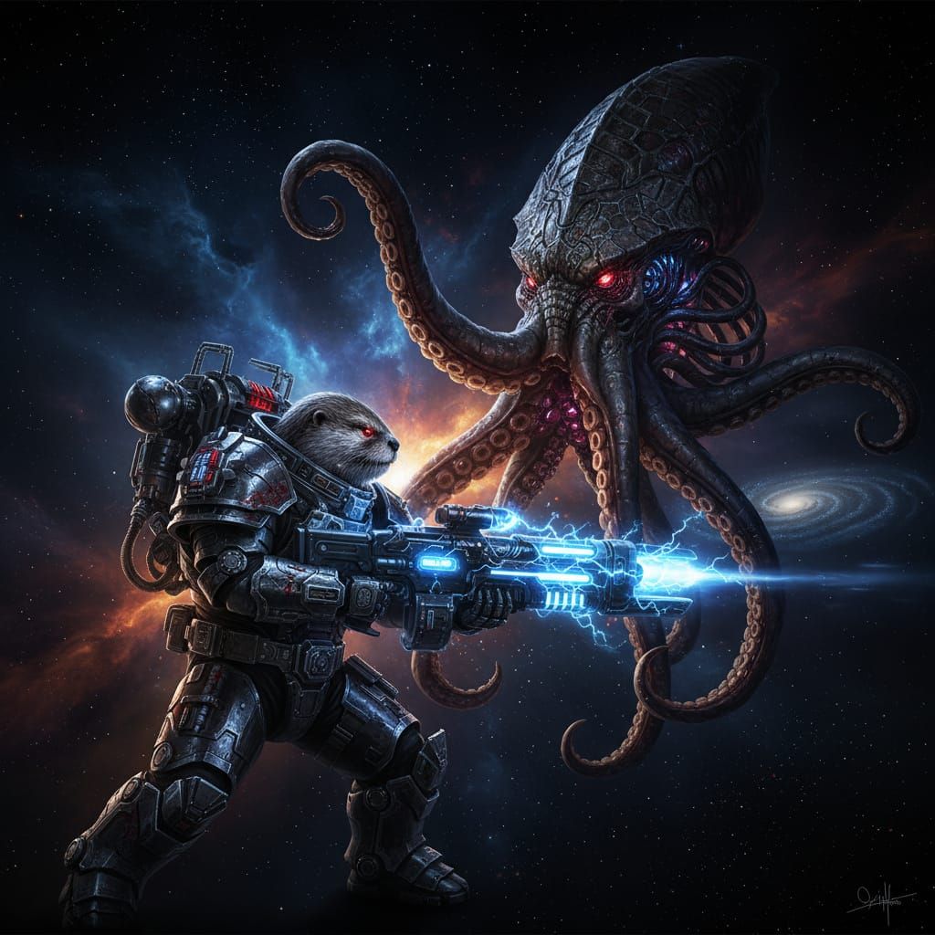 Space Otter Marine Fights Biomechanical Squid