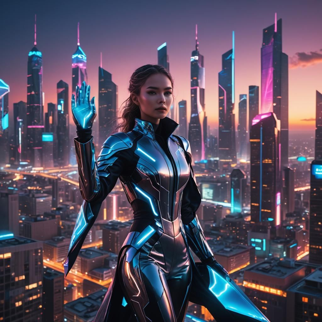 Futuristic Figure Waving in Neon Cityscape