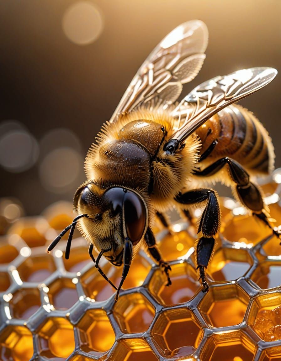 Vibrant Glass Honeycomb Blooms with Busy Bee