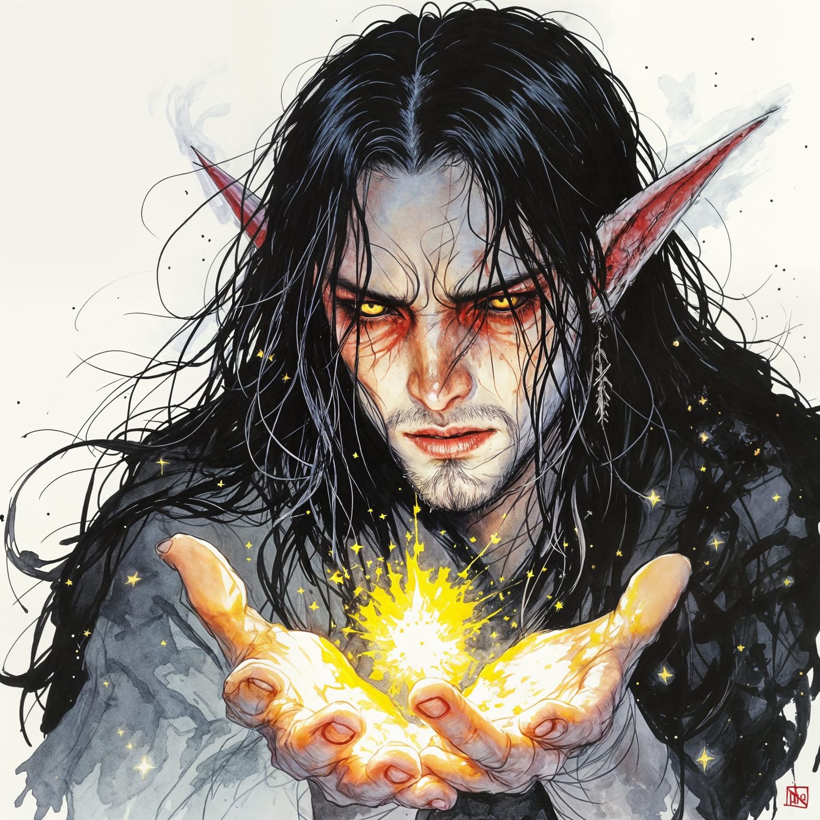 Sorrowful Elf Warlock in Ink Drawing Style