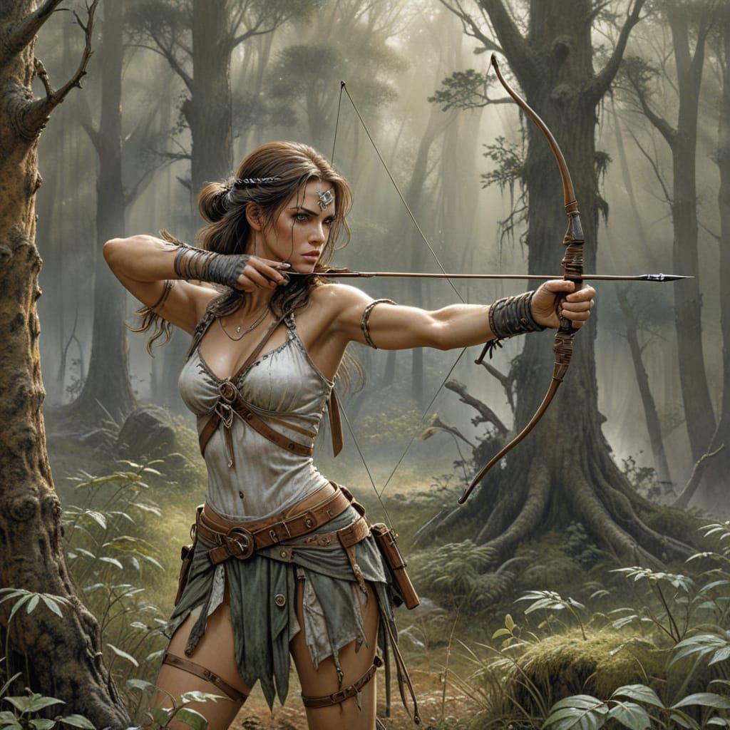Female Huntress Aims Bow in Misty Forest